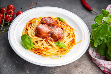 pasta meatball spaghetti tomato sauce grated parmesan cheese dish meal food snack on the table copy space food background rustic top view