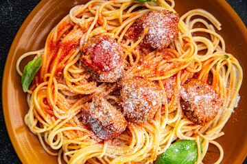 pasta meatball spaghetti tomato sauce grated parmesan cheese dish meal food snack on the table copy space food background rustic top view