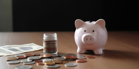 Piggy bank with coins on the table. Generative AI