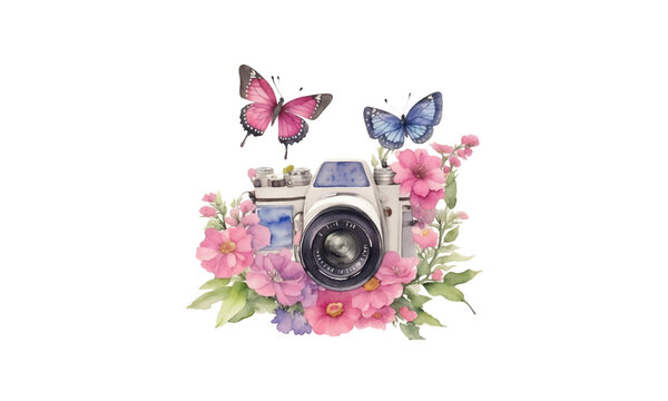 Watercolor Camera And Butterfly, Vintage photo camera with bouquets of flowers, branches and butterfly