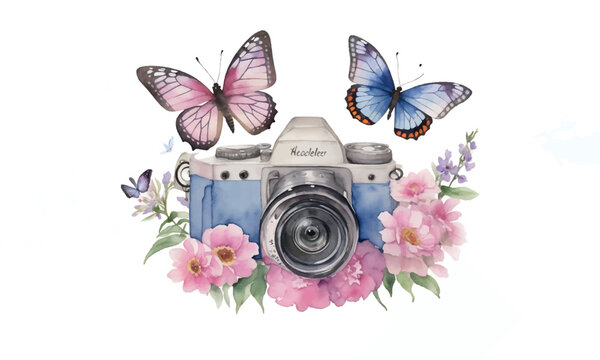 Watercolor Camera And Butterfly, Vintage photo camera with bouquets of flowers, branches and butterfly