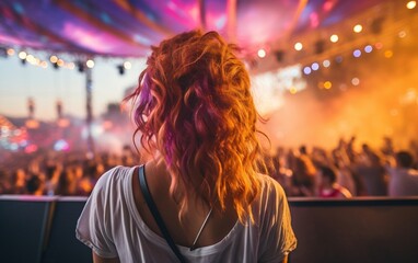 A woman enjoying a live concert and standing in front of a enthusiastic crowd. AI