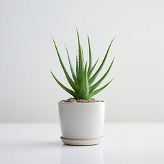 Cute mini Aloe plant in a pot white background depth.