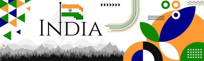 India Independence Day abstract banner design with flag and map. Flag color theme geometric pattern retro modern Illustration design. Orange, Blue and Green flag color template. © Hadducc