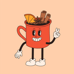 Retro poster with coffee mascot, cartoon characters, funny colorful doodle style characters, cappuccino, cocoa, latte, espresso. Vector illustration on beige isolated background.