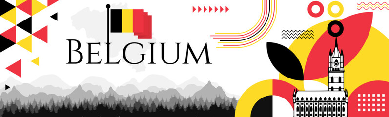 Belgian National Day abstract banner design with flag and map. Flag color theme geometric pattern retro modern Illustration design. Yellow and Red flag color template.