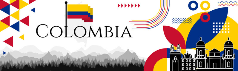 Colombian Declaration of Independence Day abstract banner design with flag and map. Flag color theme geometric pattern retro modern Illustration design. Yellow, Blue and red flag color template.