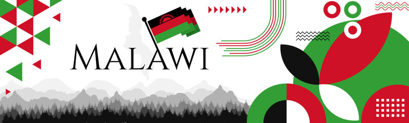 Malawi Independence Day abstract banner design with flag and map. Flag color theme geometric pattern retro modern Illustration design. Red and green flag color template.