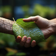 Fototapeta na wymiar Conceptual image of human hand holding a green leaf, handshake, ecological deal, nature background