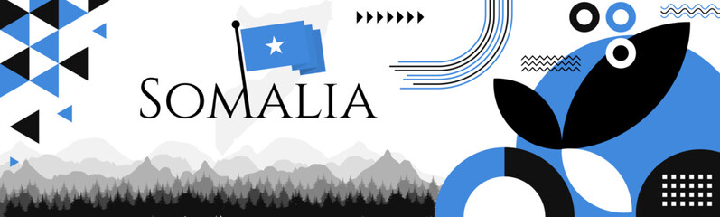 Somalia independence day abstract banner design with flag and map. Flag color theme geometric pattern retro modern Illustration design. Blue flag color template.