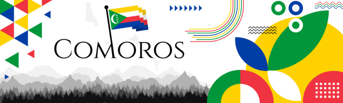 Comoros national day abstract banner design with flag and map. Flag color theme geometric pattern retro modern Illustration design. Yellow, blue, green, red flag color template.