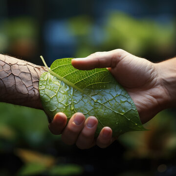 Conceptual image of human hand holding a green leaf, handshake, ecological deal, nature background