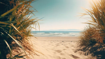 Fototapeta na wymiar sunny day at venice beach Summer background with frame, nature of tropical golden beach. Generative Ai