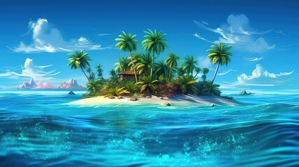 Luxury hotel with water villas and palm tree leaves over white sand, close to blue sea, seascape. Generative Ai