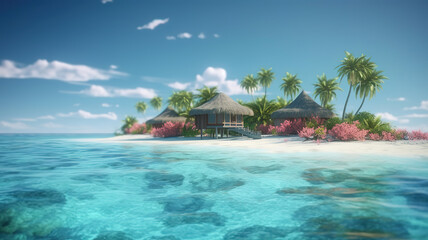 Fototapeta premium Resort exotic island blue sea. Generative Ai