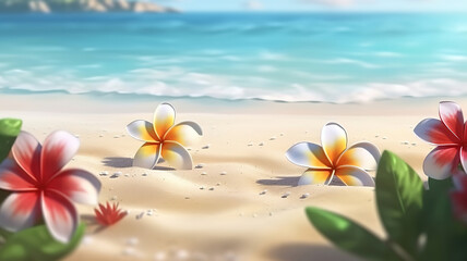 Fototapeta na wymiar Christmas on a sandy beach, plumeria flowers on the beach. Generative Ai