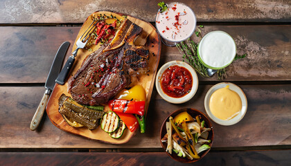 Fototapeta na wymiar Overhead view of colorful roast vegetables, savory sauces and salt served with grilled t-bone steak on a rustic wooden counter in a country steakhouse