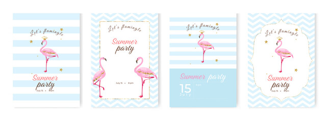 Summer cocktail party invitations set with flamingos, glitters and stars