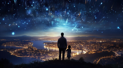 Fototapeta premium girl at cliff with starry sky over city lights boom as background,