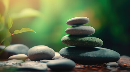 Stack of zen stones on abstract nature green summer background. Generative Ai