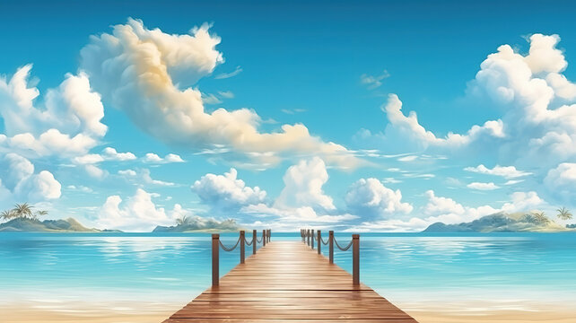 Summer panoramic landscape, nature of tropical beach with wooden platform sunlight. Generative Ai