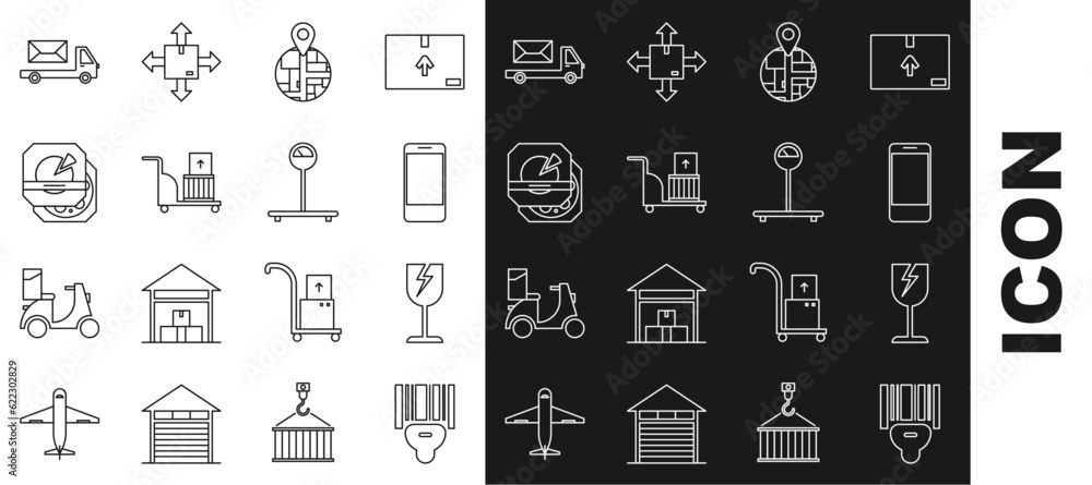 Poster set line scanner scanning bar code, fragile broken glass symbol, mobile phone with app delivery trac