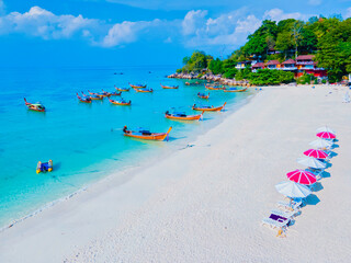 Koh Lipe Island Southern Thailand with turqouse colored ocean and white sandy beach at Ko Lipe at summer vacation in Thailand