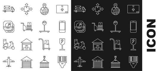 Set line Scanner scanning bar code, Fragile broken glass symbol, Mobile phone with app delivery tracking, Electric hand truck and boxes, Pizza cardboard, Post and Scale icon. Vector