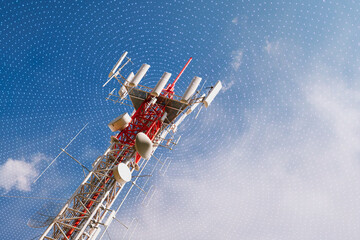 Cell phone tower emits 5G signals. The antenna transmits electromagnetic waves. - 622302834