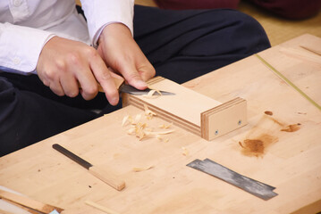 Japanese craftsman making a bamboo spatula, an important tool for working with Japanese lacquer...