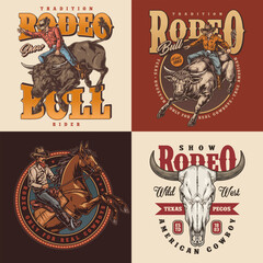 Cowboy rodeo colorful set posters