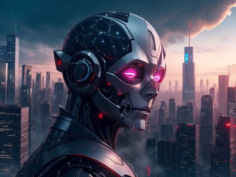 AI rules the city. Danger of strong artificial intelligence, threat to planet, future risk of bad scenario, creating dangerous ASI, scary superintelligence. Generative AI