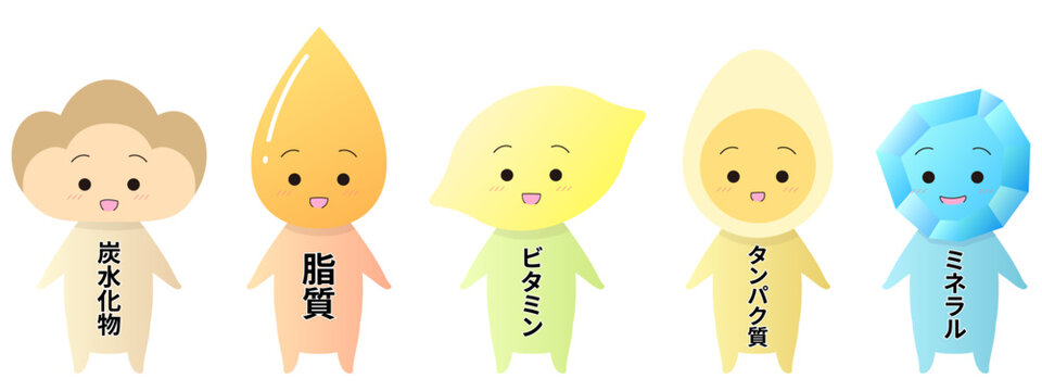 ５大栄養素のキャラクター素材セット　二頭身　炭水化物　脂質　ビタミン　タンパク質　ミネラル