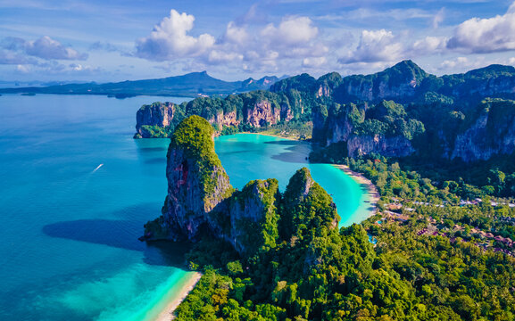 Aerial drone view of Railay beach Krabi Thailand. Railay beach with limestone rocks from the sky
