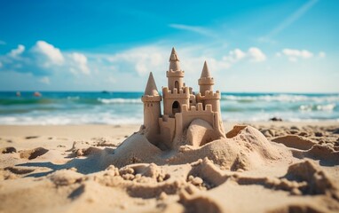 Fototapeta na wymiar A sand castle sitting on top of a sandy beach. AI