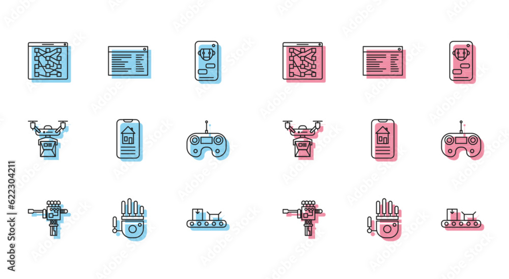Poster set line mechanical robot hand and screwdriver, conveyor belt with cardboard box, smart home, remote