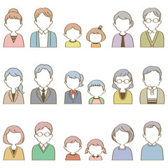 イラスト素材セット：匿名表情なしで正面を向いた3組の3世代家族（バストアップ/手描き風主線/アイコン）
