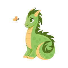 Small cartoon green dragon sits and looks at a butterfly.