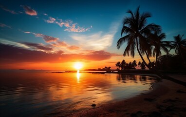 A beautiful sunset over the ocean with palm trees. AI