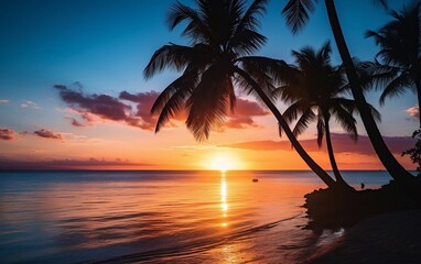 Fototapeta na wymiar A beautiful sunset over the ocean with palm trees. AI