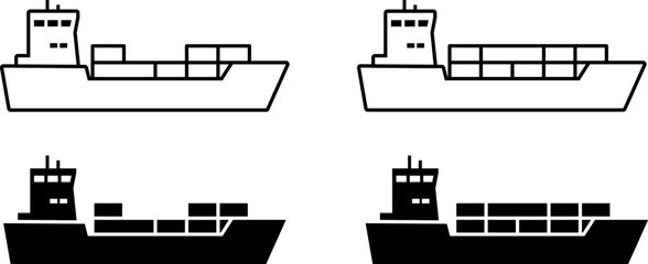 Сargo ship vector icon set. Ocean tanker symbol. Transportation container sign