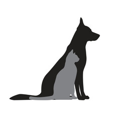 Dog and cat profile black silhouettes. Pets shadow side view. Vector illustration isolated on a white background