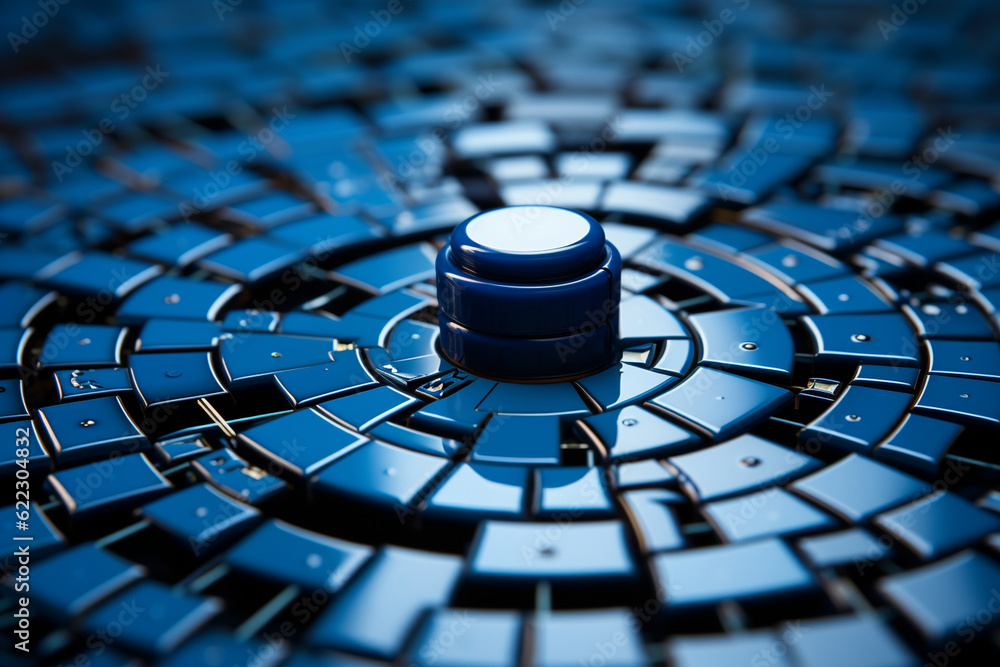Poster a blue mosaic of interlocking gears, symbolizing coordination and efficiency in business processes, 