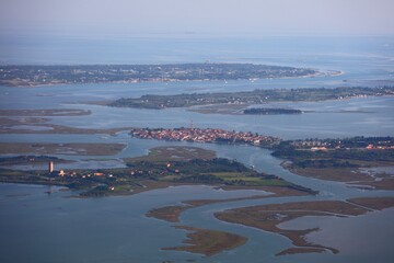 Burano island town in the Venetian Lagoon, Italy. Aerial view.
