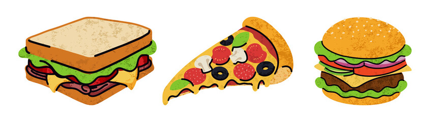 fast food, cartoon icons set, simple flat style, street high calorie food illustration.