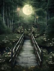 Generative AI: fantasy landscape with wooden bridge to the sky amd big moon