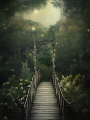Fototapeta premium Generative AI: fantasy landscape with wooden bridge to the sky amd big moon