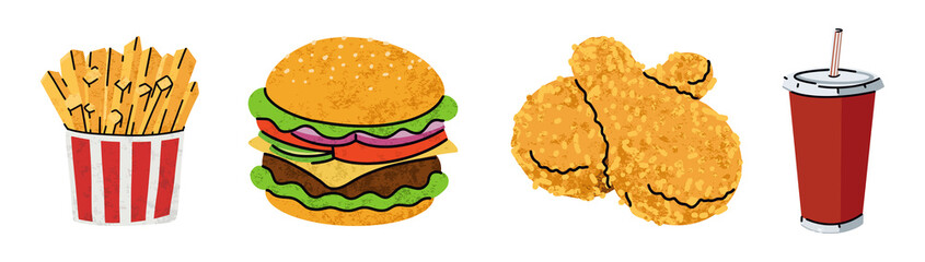fast food, cartoon icons set, simple flat style, street high calorie food illustration.