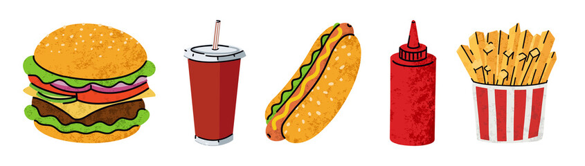 fast food, cartoon icons set, simple flat style, street high calorie food illustration.