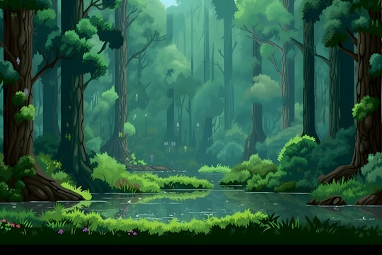 PIxel art concept of forest for computer game. Pixelated image